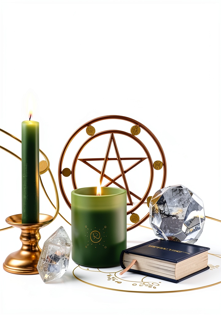 Witch reading Practical Witchcraft on a tablet in a candlelit room
